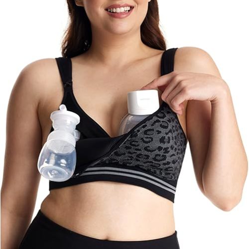 Momcozy Seamless Pumping Bra Hands Free, Fixed Padding Hands-Free Pumping & Nursing Bra, Wireless Comfort Pumping Bra Leopard Black