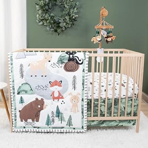 The Peanutshell 4 Piece Baby Crib Bedding Set for Boys - Newborn, Infant & Toddler Nursery Bed Set with Fitted Crib Sheet, Dust Ruffle, Comforter, Mobile - Woodland Camo Nursery Decor