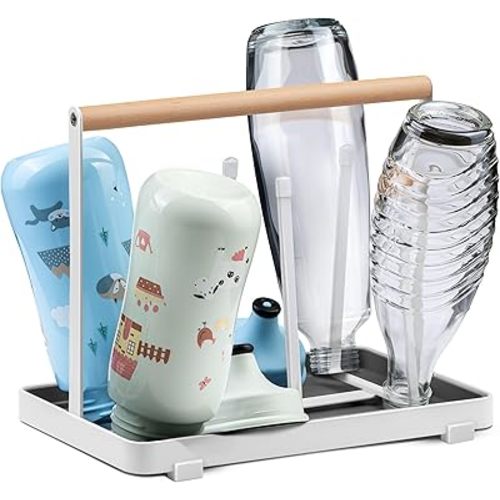 D&D Living All-in-One Bottle Holder for SodaStream - Drying Rack for Bottles of All Kinds: Duo, Crystal, Easy, Drinking and Baby Bottles - Universal Drying Stand (Metal, White)