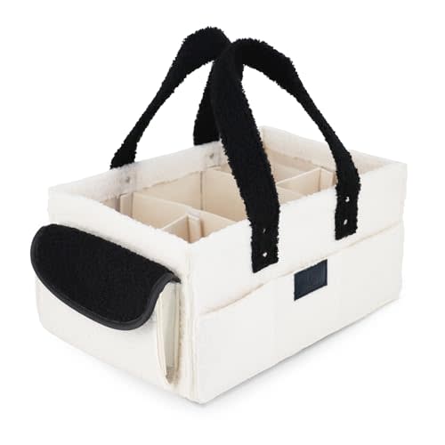Lu Lu Mart Diaper Caddy - large baby organizer with plush teddy fabric, nursery storage bin, car organizer for diapers and baby wipes, and nursery toy bag in white and black trim