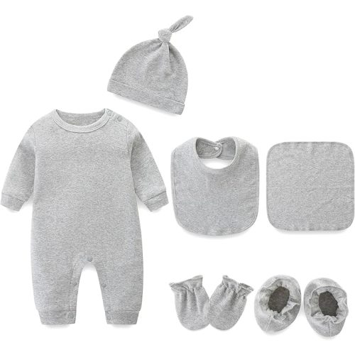 Infant Romper+Burp Cloth+Bib+Mittens+Shoes+Cap Set Breathable Healthy Fabric Tops for Baby