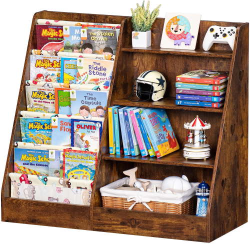 Aukfa 4-Tier Kids Bookshelf and Storage Organizer, 5-Layer Sling Bookcase for Toddlers, Wooden Display Shelf for Playroom, Bedroom, Nursery, or Classroom, Brown