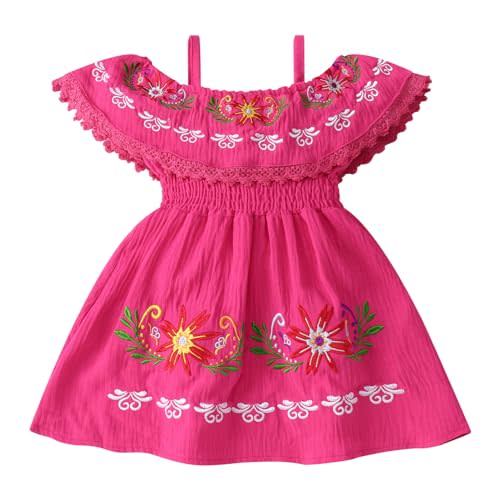 FYMNSI Mexican Dress for Girls Toddler Baby Cinco De Mayo Fiesta Mexican Off Shoulder Floral Embroidered Drape Casual Dress