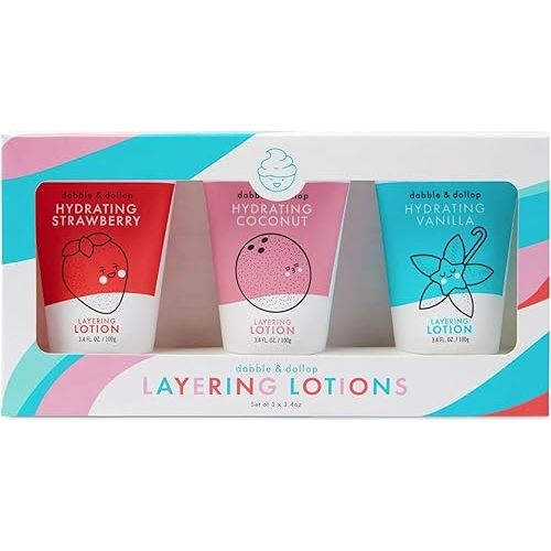 Dabble & Dollop Layering Lotion Set, Hydrating Strawberry, Coconut and Vanilla Scented Lotions for Kids, All-Natural, USA Made, Dermatologist Tested, Vegan & Cruelty-Free (Set of 3)