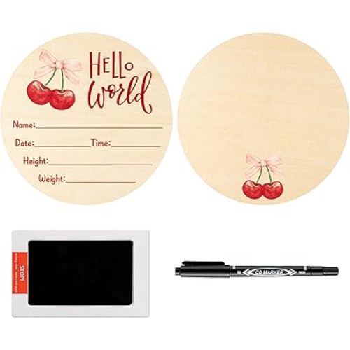 R HORSE Baby Announcement Sign with Ink Pad and Marker Pen Cherry Pink Bow Hello World Wooden Keepsake for Newborn Handprints Footprints Christening Shower Gift Double-Sided Name Plaque Welcome Sign