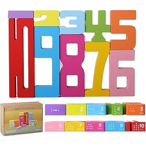 Wooden Number Building, Digit Friends of Ten, Strengthfully Montessori Stacking Numbers (10Pcs)