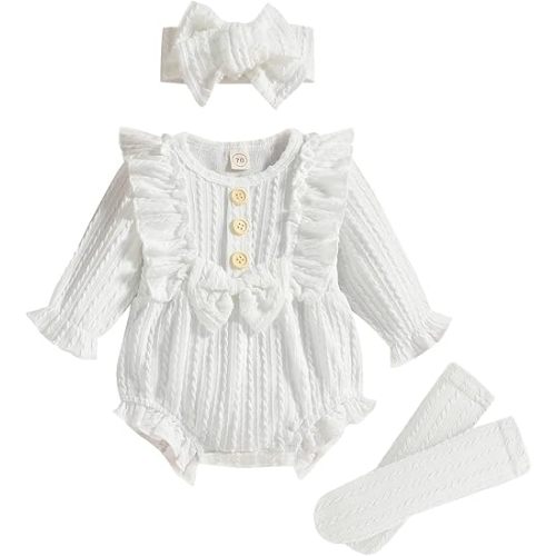 GRNSHTS Newborn Baby Girl Clothes Ruffle Solid Sweater Long Sleeve Romper+Hairband+Socks 3Pcs Fall Winter Outfits