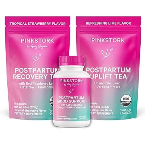Pink Stork Postpartum Essentials for Hormone Balance, Recovery, and Mood Support for Women - Postnatal Vitamins with Ashwagandha, Raspberry Leaf Tea, and Chamomile Tea - Gifts for New Mom - Set of 3