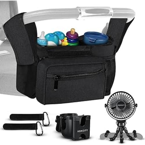 Homeify Baby Stroller Organizer Set - Universal Stroller Bag + Cup Holder/Phone Holder, + Flexible Tripod Clip-On Fan - Universal Accessories for Stroller, Bike, Wheelchair, Walker, Scooter