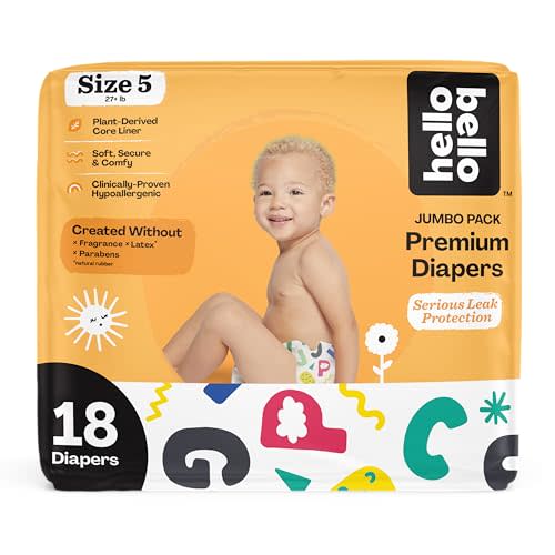 Hello Bello Premium Baby Diapers Size 5, 18 Count of Disposable, Extra-Absorbent, Hypoallergenic Baby Diapers with Snug and Comfort Fit, Alphabet Soup