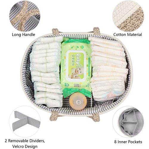 maxgoods Baby Diaper Caddy Organizer -100% Cotton Baby Basket Bin with Removable Divider -Portable Tote Bag Storage Basket for Boy & Girl Nursery Organization (White & Yellow Variegated)
