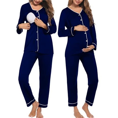 Ekouaer Maternity Pajama Set Button Down Nursing Pajamas Long Sleeve Breastfeeding Loungewear with Adjustable Pants