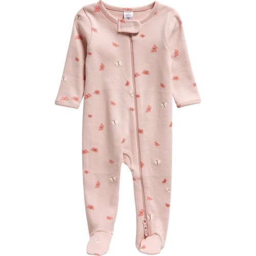 Baby Print Cotton Footie, 9M, Pink Lotus Butterflies