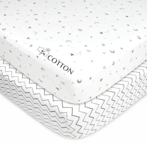 American Baby Company 2 Piece Printed 100% Cotton Jersey Knit Fitted Crib Sheet, Grey Stars and Zig Zag