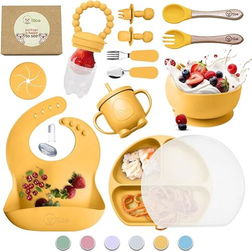 O'doe 17-Piece BPA-Free Silicone Baby Feeding Set | Thick & Soft Suction Plates, Baby Bowls, Wooden Fork & Spoon, and More | Make Mealtime Fun and Easy for Your Little One (Yellow, V2)
