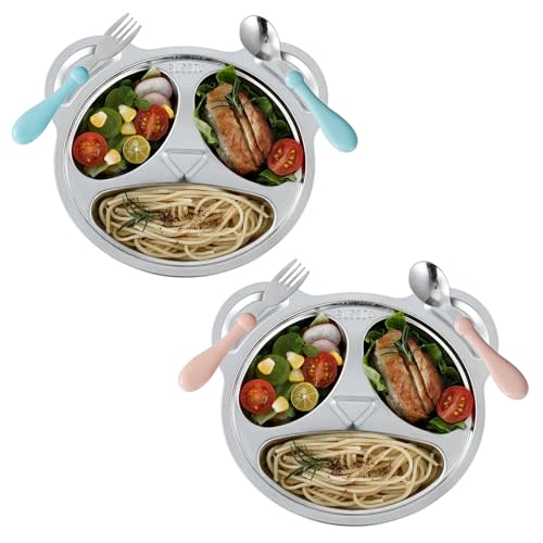 Set of 2 Stainless Steel Divided Plates and utensils for kids,3 Compartment Toddler Plate Metal Kid Dinner Tray BPA Free, Cute Panda Shape Toddlers Dishes Dinnerware Picky Eater bowls (2)