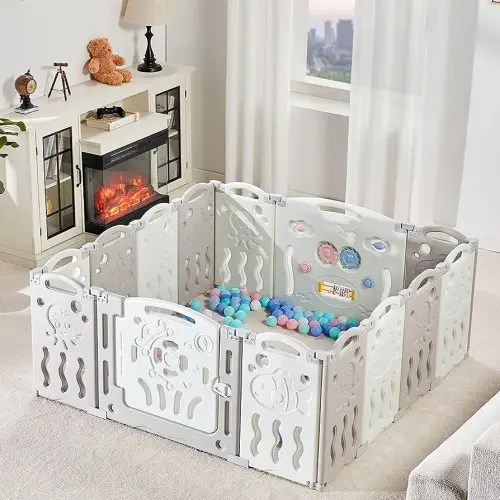 Albott Baby Playpen, Upgraded 14 Panels Foldable Baby Fence with Game Panel and Safety Gate, Adjustable Shape, Portable Baby Play Yards for Children Toddlers Indoors or Outdoors (White+Grey, 14 Panel)