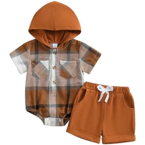 Douhoow Baby Boy Summer Outfits Plaid Short Sleeve Baby Hooded Romper Baby Shorts 2 Pcs Toddler Boys Clothes