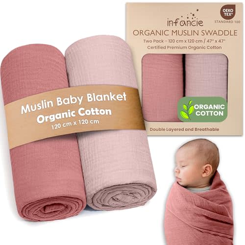 infancie Organic Cotton Muslin Baby Blanket - 47x47 Inch Breathable Swaddle, Hypoallergenic Double-Layer, Versatile Use (Rose/Peach, 47x47 Inch)