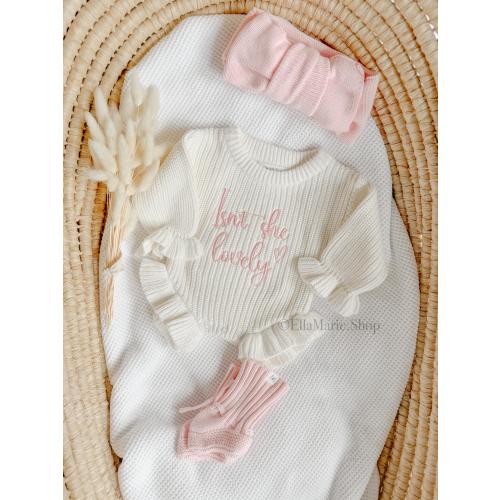 Newborn girl coming home outfit, isn’t she lovely baby romper embroidered bow knit ruffle announcement, it’s a girl gender reveal she’s here