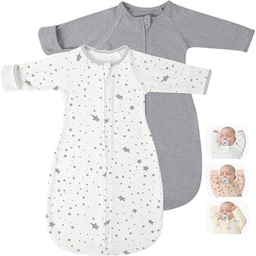 2 Pack Transitional Swaddle Sack with Arms Up & Sleeves, Mitten Cuffs, 2-Way Zipper, Sleep Sacks Blanket for Newborns - Calms Startle Reflex, Newborns Baby Boys & Girls Sleep Bag