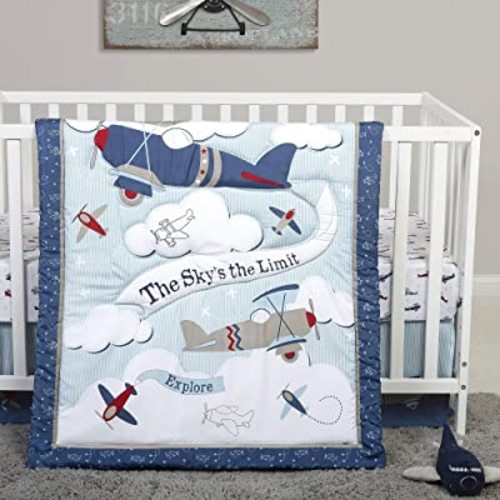 Sammy & Lou Adventure Awaits 4-Piece Baby Nursery Crib Bedding Set for Boys, Includes Quilt, Fitted Crib Sheet, Crib Skirt, and Plush Toy