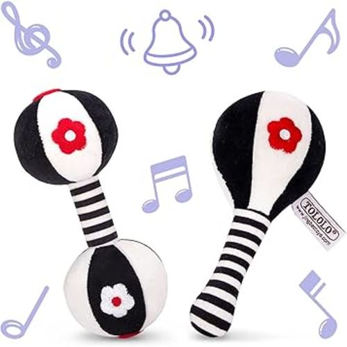 AUYYOSK 2PCS Soft Rattles for Baby,Black and White High Contrast 0-3 Months Newborn Toys,Baby Toys 0-6 Months,Infant Toys 0 3 6 12 Months