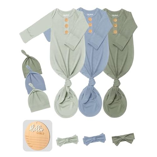 3 PK Baby Knotted Gowns Set with Mittens, Hats, Headbands & Wooden Name Tag for Breathable Newborns Going Home Outfit