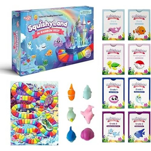 The Fidget Game SquishyLand in Rainbow Reef - Educational & Phonics Kindergarten Learning Activities for Children in Pre-K to 2nd Grade - Mochi Squishy Toys Set with Board Game (2-6 Players)