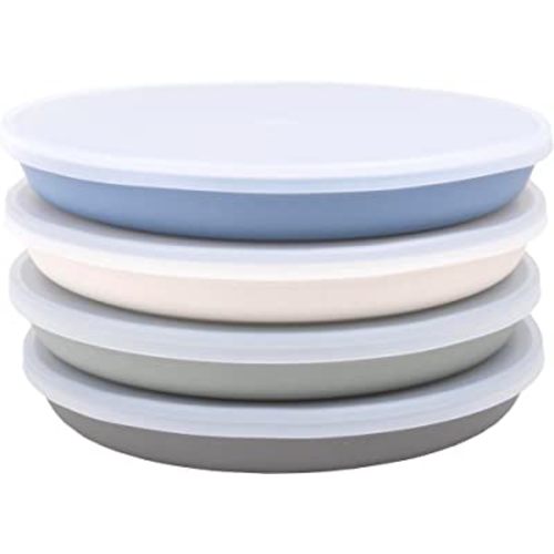 WeeSprout Bamboo Plates with Lids, Set of 4 Bamboo Plates for Kids, Kid-Sized Design, Bamboo Kids Plates with Lids for Leftovers, Dishwasher Safe (Blue, Green, Gray, & Beige)