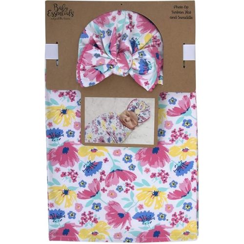 Baby Cotton Swaddle Blanket Wrap with Headband or Hat Set for Baby Girls, Boys Newborns and Infants 0-6 Months (Floral Fiesta)