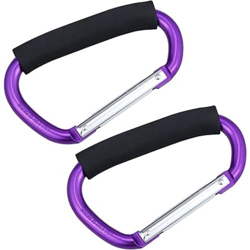 JIALEEY Strong Large Durable Buggy Carabiner Stroller Hooks Mummy Clip Pram Pushchair Grocery or Shopping and Plastic Bags Holder, 2 Pack Purple