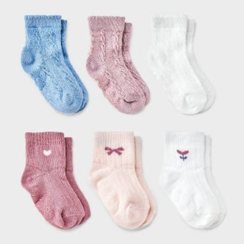 Baby Girls' 6pk 'Tulip' Low-Cut Socks - Cat & Jack™ 12-24M: Midweight Knit, Rib Cuffs, Classic Jacquard Pattern