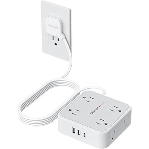 TESSAN 10 Ft Surge Protector Power Strip, 3 USB(1 USB C) 8 Outlets, Flat Plug Extension Cord with Multiple Outlets, 900J Protection, Desk Charging Station for Home, Dorm Room Essentials, Grey