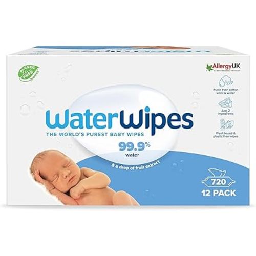 WaterWipes 720 Pack, Biodegradable Baby Wipes, 99.9% Water Based Wet Wipes, Unscented & Hypoallergenic, For Sensitive Skin & Newborns (12 packs x 60 wipes)