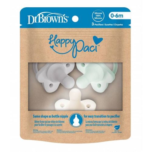 Dr. Brown's HappyPaci One-Piece 100% Silicone Pacifier - 0-6 Months - 3pk, Color: Green/Cream/Gray
