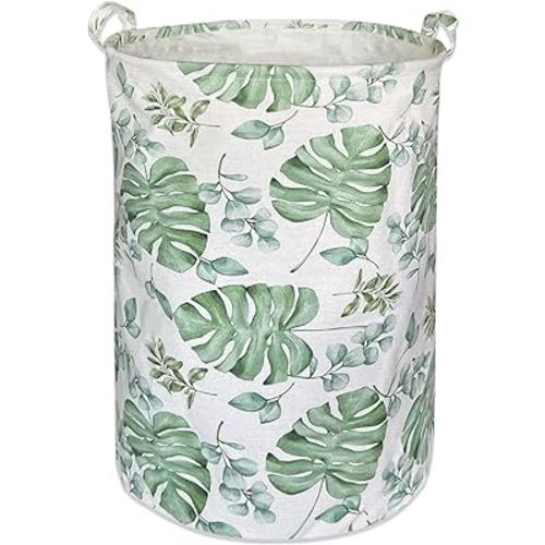 AMROSE Baby Laundry Hamper, 19.6'' Large Canvas Nursery Laundry Hamper Basket for Boys Girls, Nursery Storage Hamper for Laundry, Toys, Clothes, Leaf