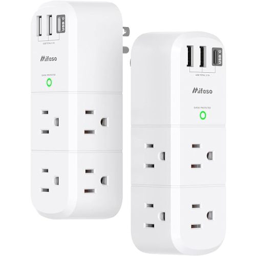 2 Pack USB Outlet Extender Surge Protector - with Rotating Plug, 6 AC Multi Plug Outlet and 3 USB Ports (1 USB C), 3-Sided Swivel Power Strip with Spaced Splitter for Home, Office, Travel