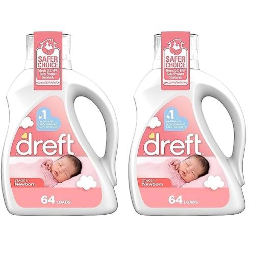 Dreft Stage 1: Newborn Hypoallergenic Liquid Baby Laundry Detergent (HE), Natural for Baby, Newborn, or Infant, 100 Ounces (64 loads) (Pack of 2)