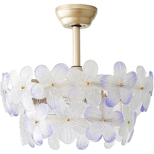 Gold Crystal Fandelier Ceiling Fans with Lights, 20" Gold Flower Chandelier Ceiling Fan with Light Remote Control, Caged Mid Century with 6 Speeds for Bedroom, Nursery, Living Room (Purple)