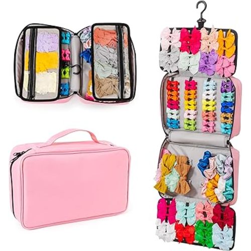 2 in 1 Newly Designed Headband & Hair Bow Organizer for Girls Display Bag - Large Capacity Girls Hair Accessories Organizer, Holds Hair Clips, and Hair tie with a Rotating Hook, Travel-Friendly.