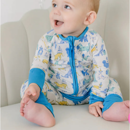 Green Party Dog Bamboo Zipper Romper I Poppy Kids Co
