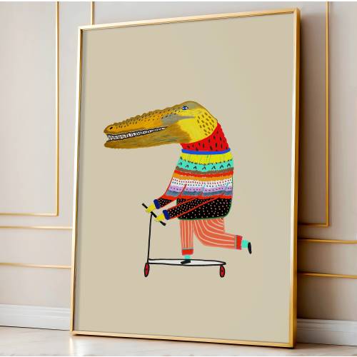 Scooter Crocodile Art Print, Cool Kids Decor, Wall Art For Children, Bright and Colorful Poster, Trendy, Boys Birthday Gift, Nursery