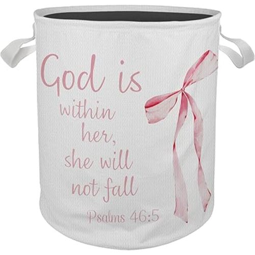 Coquette Pink Bow Christian Laundry Basket, Pink Inspirational Bible Verse Toy Storage Bin Laundry Hamper Waterproof Collapsible Clothes Organizer for Bedroom Bathroom Girls Room Nursery Dorm