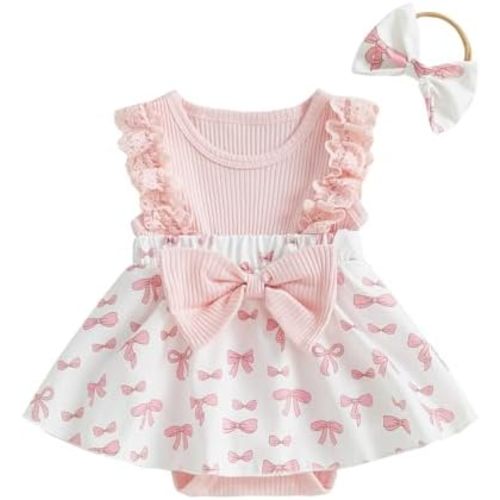 Baby Girl Birthday Romper Sleeveless Crew Neck Lace Ruffles Jumpsuit Skirt Hem Infant Girl Bodysuit with Headband