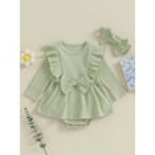 Lieserram Newborn Baby Girl Romper Dresses, 0 3 6 9 12 18 Months Long Sleeve Solid Color Crew Neck Bow A-line Skirt Bodysuit with Headband Clothes