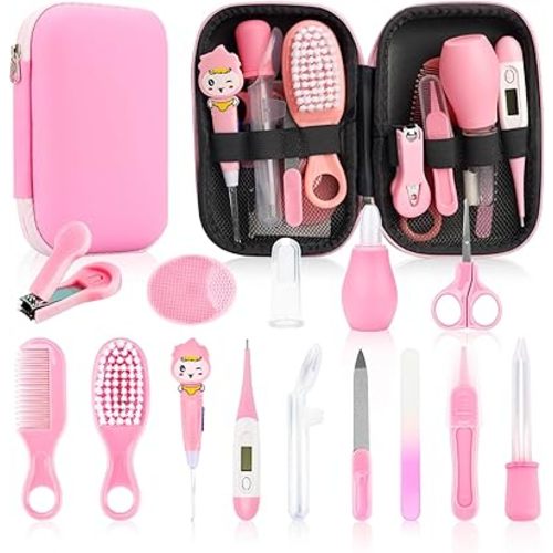 Baby Healthcare and Grooming Kit, 15 in 1 Baby Safety Set Newborn Nursery Health Care Set with Hair Brush Scale Nail Clippers for Baby Girls Boys (15 Kits Pink)