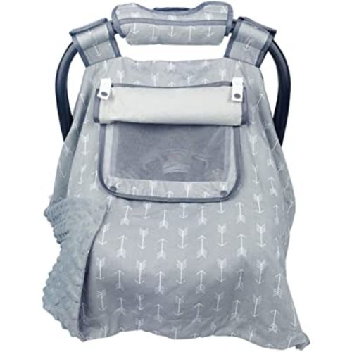 Car seat Covers for Babies boy girl, Carseat Canopy for newborn Carrier, 2 layers windows of mesh/fabric, No shifting on carrier handle, Handle cushion, Cotton & Grey minky