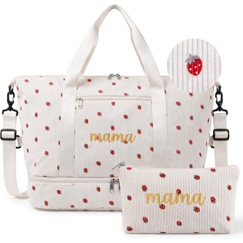 Strawberry Mama Hospital Bag for Women Labor Delivery Travel Duffle Bag with Shoe Compartment Toiletry Pouch Waterproof Letter Embroidered for Pregnancy Weekender Overnight Gym Gift, Beige