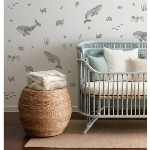 Sea Creature Wall Decals, Under Water Sticker, Whale,Turtle Fish Decals,Wildlife Decals, Neutral Colored Wall Stickers,Boy Watercolor Decals